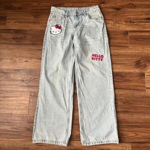 Hellow Kitty Sanrio Wide Leg Denim Jeans‎ Women 0 Light Wash Logo Embroidery
